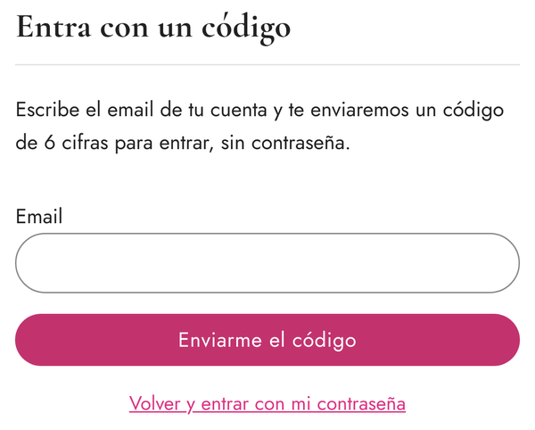 Página «Entra con un código», con la casilla del email y el botón «Enviarme el código»