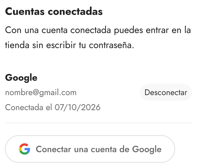 Sección «Cuentas conectadas» con una cuenta de Google y el botón «Conectar una cuenta de Google»