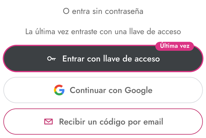 Botón «Entrar con llave de acceso» con la etiqueta «Última vez»