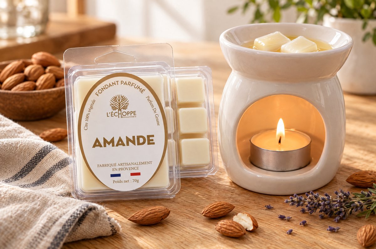 Wax melts Amande de L'Échoppe Buissonnière en un quemador de cerámica