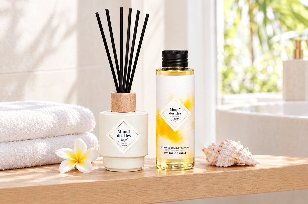Mikado y recambio Monoï des Îles de My Jolie Candle en un baño luminoso