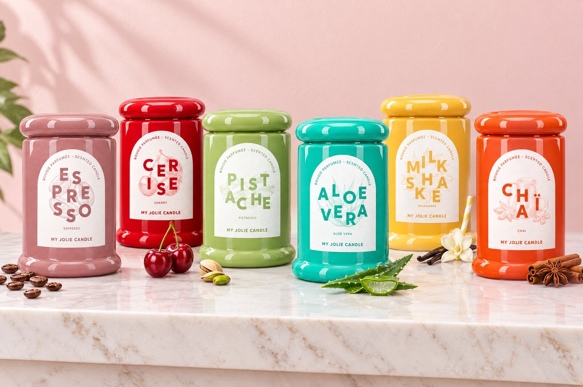 Las seis velas perfumadas Trendy de My Jolie Candle: Espresso, Cerise, Pistache, Aloe Vera, Milkshake y Chaï