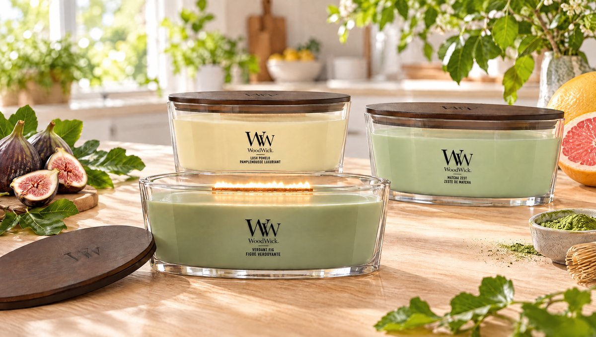 Velas WoodWick Verdant Fig, Lush Pomelo y Matcha Zest con el nuevo diseño en una cocina luminosa