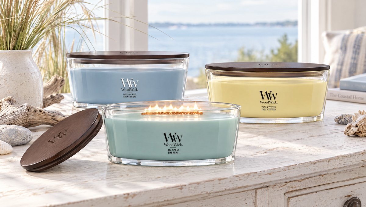 Velas WoodWick Sea Spray, Lakeside Mist y Yuzu & Vetiver con el nuevo diseño junto a una ventana al mar