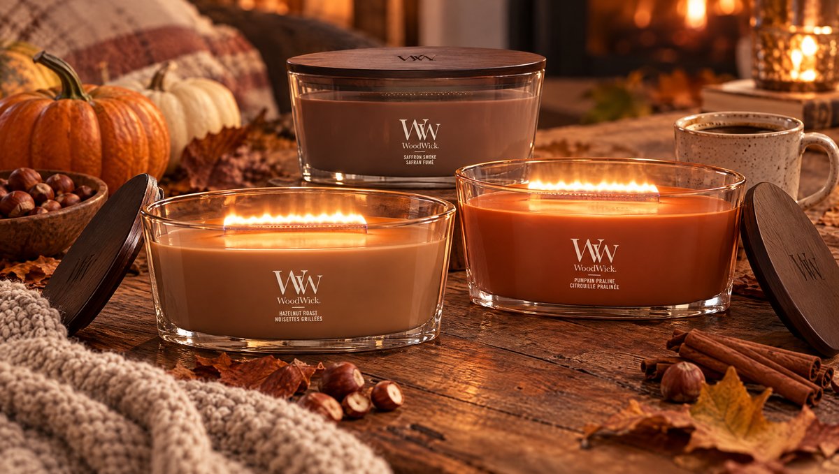 Velas WoodWick Hazelnut Roast, Pumpkin Praline y Saffron Smoke encendidas en otoño