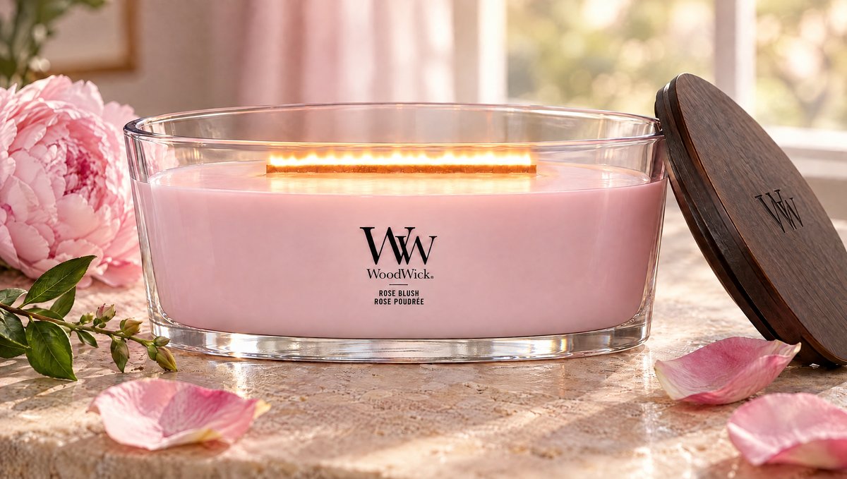 Vela WoodWick Rose Blush Ellipse encendida con el nuevo diseño 2026 y su tapa de madera