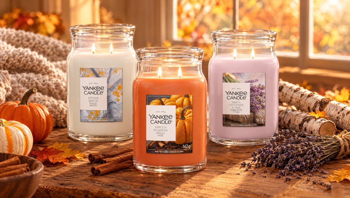 Velas Yankee Candle Silver Birch, Spiced Pumpkin y Dried Lavender & Oak encendidas en otoño