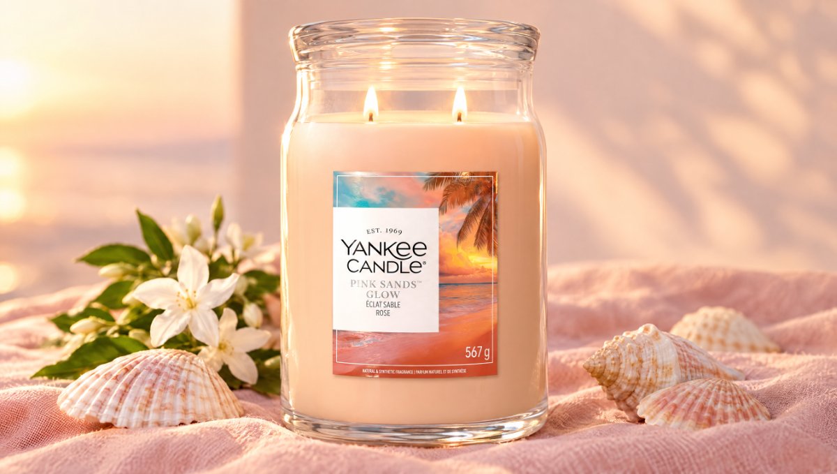 Vela Yankee Candle Pink Sands Glow bote grande con la nueva etiqueta 2026